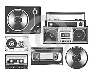 Set of vintage cassete, vinyl, recorders and players icons