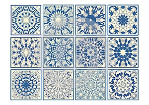 Set of vintage ceramic tiles in azulejo design with blue patterns on beige background, traditional Spain and Portugal pottery