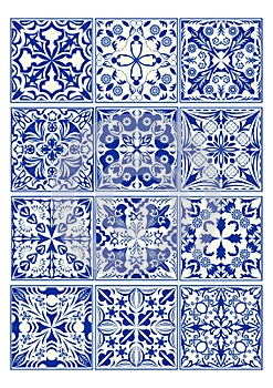 Set of vintage ceramic tiles in azulejo design with blue patterns on white background