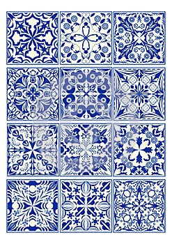 Set of vintage ceramic tiles in azulejo design with blue patterns on white background photo