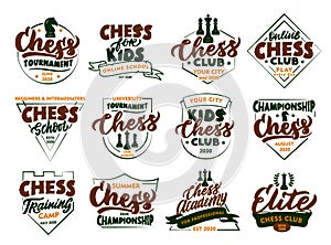 Set of vintage Chess emblems and stamps. Colorful badges, templates, stickers on white background isolated