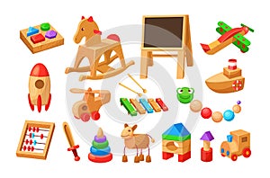 Set of vintage children wooden toys. Baby entertainment playthings for fun and activity