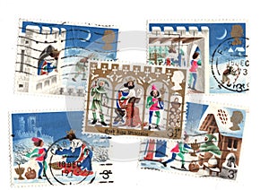 A set of vintage Christmas stamps from Great Britain.