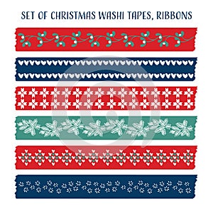 Set of vintage Christmas washi tapes, ribbons. Vector elements.