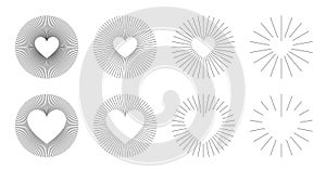 Set of Vintage Circle Sunbursts in Different Shapes with Hearts. Trendy Hand Drawn Round Retro Bursting Rays Design Element.