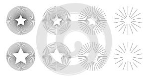 Set of Vintage Circle Sunbursts in Different Shapes with Stars. Trendy Hand Drawn Round Retro Bursting Rays Design Element.