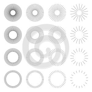 Set of Vintage Circle Sunbursts in Different Shapes. Trendy Hand Drawn Round Retro Bursting Rays Design Element. Hipster Vector