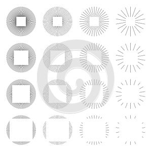 Set of Vintage Circle Sunbursts in Different Shapes. Trendy Hand Drawn Round Retro Bursting Rays Design Element. Hipster Vector