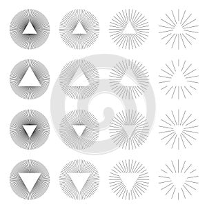 Set of Vintage Circle Sunbursts in Different Shapes. Trendy Hand Drawn Round Retro Bursting Rays Design Element. Hipster Vector