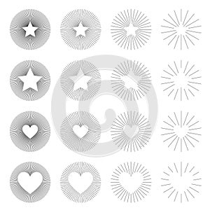 Set of Vintage Circle Sunbursts in Different Shapes. Trendy Hand Drawn Round Retro Bursting Rays Design Element. Hipster Vector