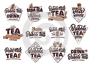 Set of vintage Cold Bubble tea emblems and stamps. Colorful badges, stickers on white background isolated