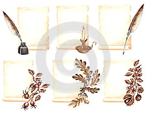 Set of vintage compositions parchment paper sheets with inkwell, feather pen, candle and plants branches. Hand drawn