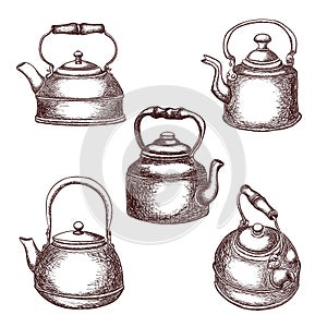 Set of vintage copper teapots in sketch style  outline drawing isolated on white background  stock illustration for design and