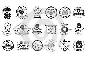 Set of vintage cotton and wool emblems with hand lettering. Natural product. Stylish monochrome labels. Cloth materials