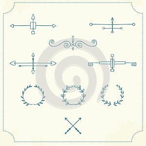 Set of vintage decorative elements. The wreath, border, arrows. Sketch, Doodle. Vector.