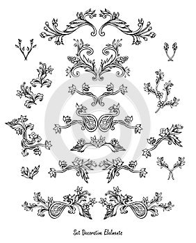 Set of Vintage decorative floral elements in Baroque style black and white