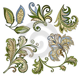 Set of vintage decorative flowers with leaves