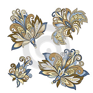 Set of vintage decorative flowers with leaves