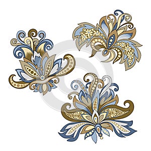 Set of vintage decorative flowers with leaves