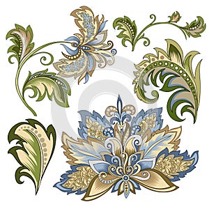 Set of vintage decorative flowers with leaves