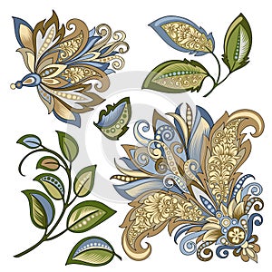 Set of vintage decorative flowers with leaves