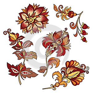 Set of vintage decorative flowers with leaves