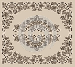 Set of vintage design elements of hop branches and borders