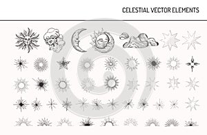 Set of Vintage Design Elements. Sun, Moon, Stars, Moonlight Oriental Style Celestial Astrological Symbols for Fabric photo