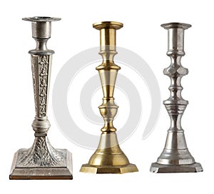 Set of vintage different candelabrum, candle stand, candlestick isolated on white background