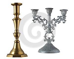 Set of vintage different candelabrum, candle stand, candlestick isolated on white background