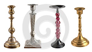 Set of vintage different candelabrum, candle stand, candlestick isolated on white background/