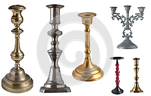 Set of vintage different candelabrum, candle stand, candlestick isolated on white background.
