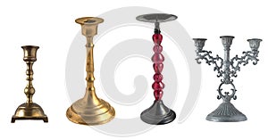 Set of vintage different candelabrum, candle stand, candlestick isolated on white background.