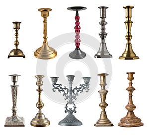 Set of vintage different candelabrum, candle stand, candlestick isolated on white background