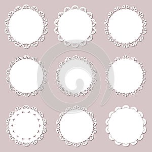 Set on vintage doilies on craft paper background. Lace paper cutout for napkins, laser cut. Vector illustration