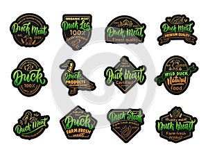 Set of vintage Duck and meat emblems and stamps. Farm badges, templates and stickers