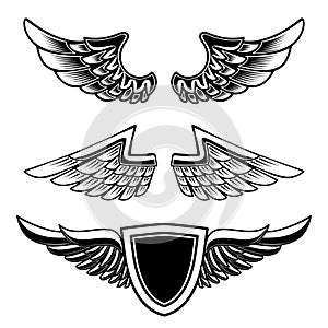 Set of vintage emblems with wings isolated on white background. Design element for logo, label, emblem, sign