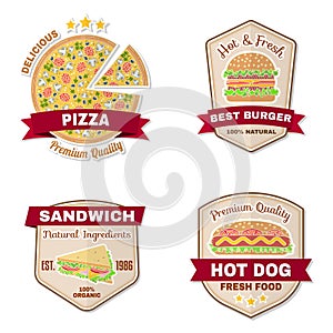 Set of vintage fast food badges, banners and logo emblems.