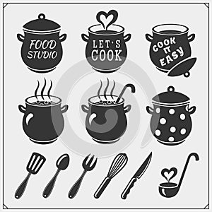 Set of vintage food studio emblems, labels and design elements. Cooking class, cooking courses, culinary school logos.