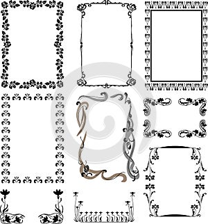 Set of vintage frames, borders. Retro art nouveau style backgrounds. Black and white vector illustrations