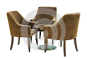 Set of vintage furniture idolated on white background. Three wooden and welvet armchairs and round laquered chair