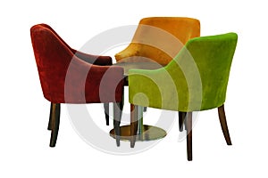 Set of vintage furniture isolated on white background. Three wooden and velvet armchairs and round laquered table