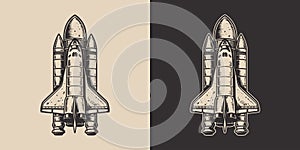 Set of vintage galaxy space rocket shuttle. Can be used like emblem, logo, badge, label. mark, poster or print. Monochrome Graphic