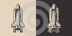 Set of vintage galaxy space rocket shuttle. Can be used like emblem, logo, badge, label. mark, poster or print. Monochrome Graphic