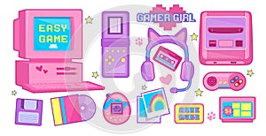 Set of vintage game items in pink color from the 90s. Gamer girl collection