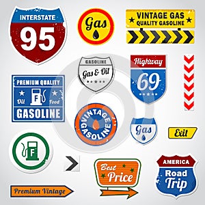 Set of vintage gasoline retro signs and labels