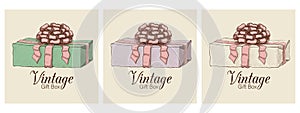 Set of vintage gift boxes hand drawn. engraved present boxes illustration isolated. colored gift icons with lush bow and ribbon.