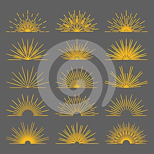 Set of vintage gold bursting rays flat icon. Graphic symbols half sun sunset firework spark starburst explosion. Jpeg