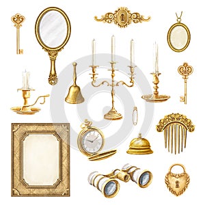 Watercolor set with vintage golden accessories and gold objects collection