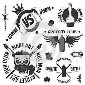 Set of vintage graffiti and street art emblem, labels and design elements. Monochrome style.